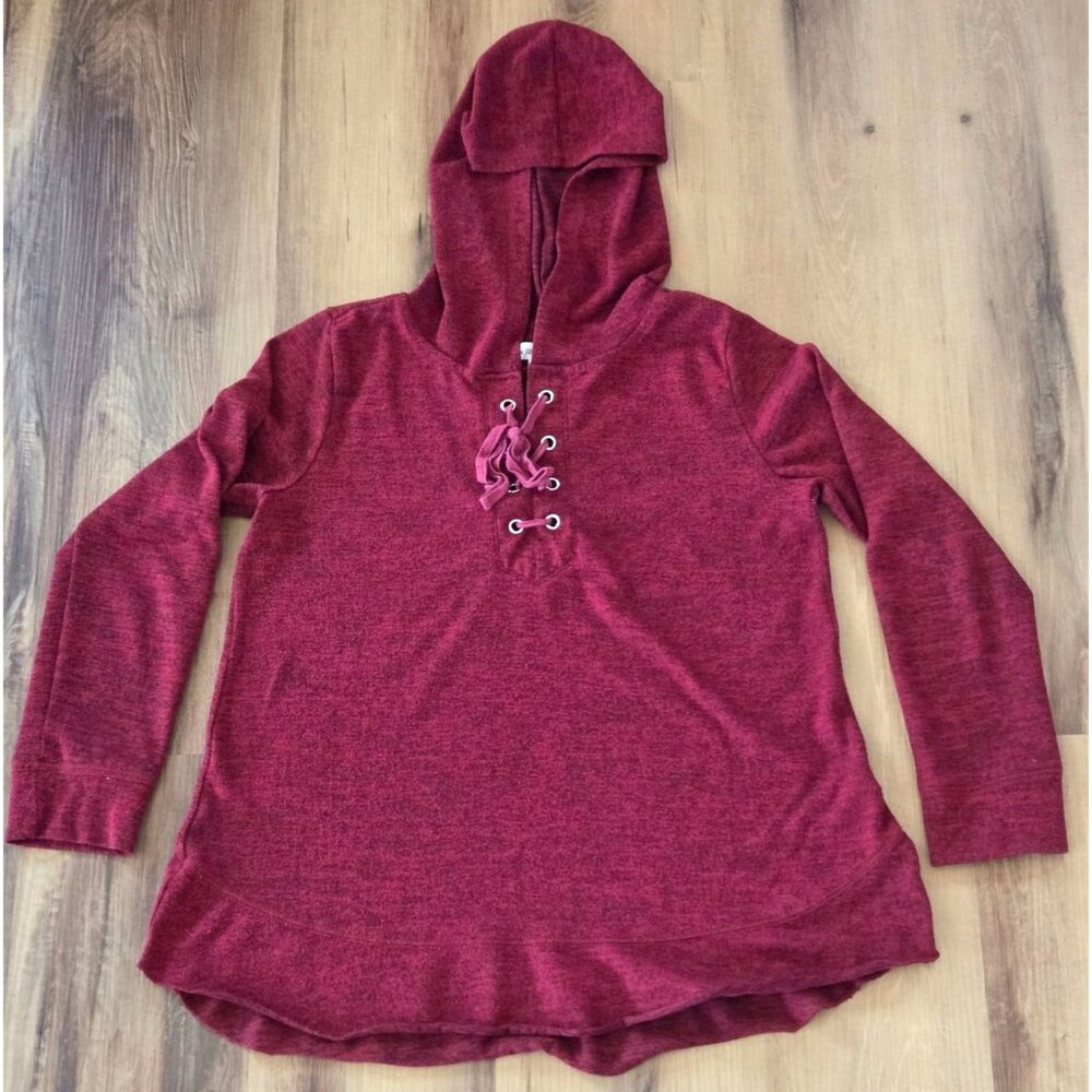 New York Laundry Hoodie Women’s Medium Burgundy Knit Pullover Lace‑Up Loungewear